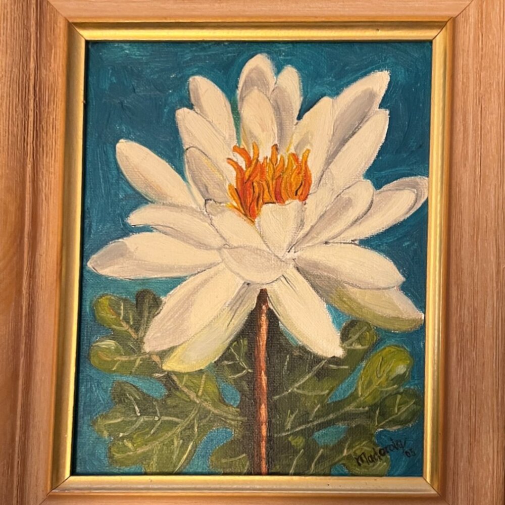 Vtg Framed Hand-Painted Water Lily Art on Canvas Panel, Signed & Dated, Acrylic - Picture 10 of 10